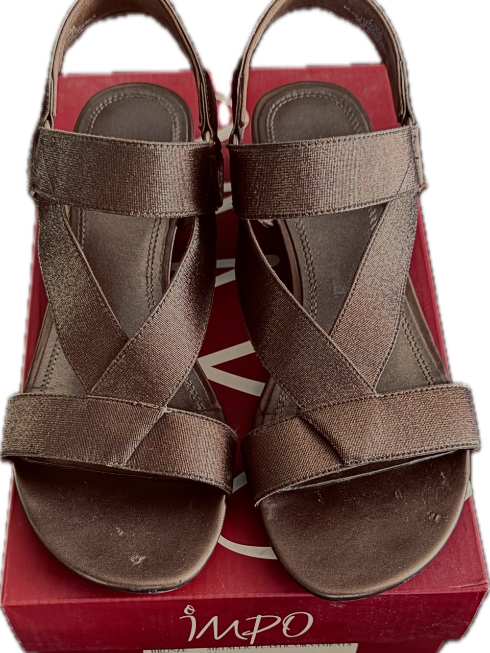Impo Women's Gorgeous Metallic PopBronze Elastic Cross-Strap  short wedge Sandal